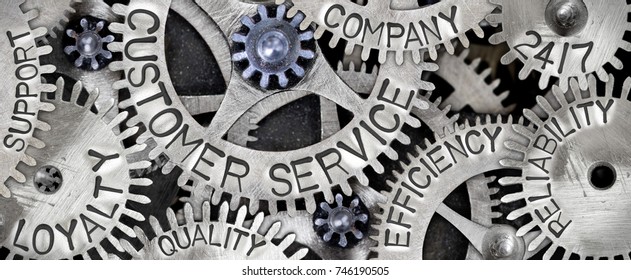 Macro photo of tooth wheel mechanism with Customer Service related words imprinted on metal surface