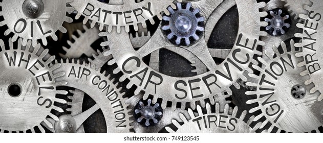 Macro photo of tooth wheel mechanism with CAR SERVICE concept related words imprinted on metal surface