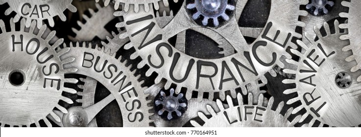 Macro photo of tooth wheel mechanism with INSURANCE concept related words imprinted on metal surface
