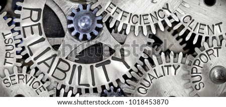 Macro photo of tooth wheel mechanism with RELIABILITY concept related words imprinted on metal surface