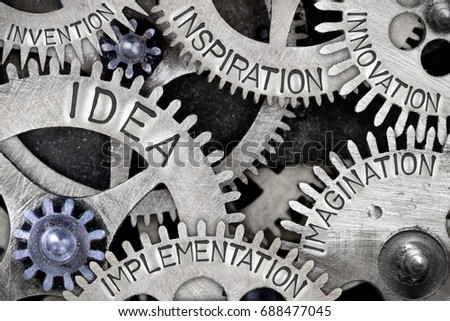 Macro photo of tooth wheel mechanism with IDEA, INSPIRATION, IMPLEMENTATION, IMAGINATION, INNOVATION and INVENTION concept letters