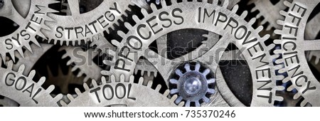 Macro photo of tooth wheel mechanism with PROCESS IMPROVEMENT, GOAL, TOOL, STRATEGY, SYSTEM, and EFFICIENCY concept words