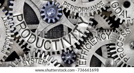 Macro photo of tooth wheel mechanism with PRODUCTIVITY, EFFICIENCY, PROCESS, GOAL, SYSTEM, PERFORMANCE and IMPROVEMENT concept words