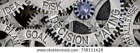 Macro photo of tooth wheel mechanism with DECISION MAKING, GOAL, RISK, IDEA, PLAN and CHALLENGE concept letters