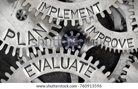 Macro photo of tooth wheel mechanism with IMPLEMENT, PLAN, IMPROVE and EVALUATE words imprinted on metal surface