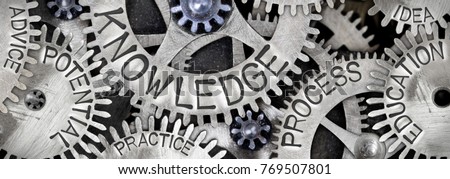 Macro photo of tooth wheel mechanism with KNOWLEDGE concept related words imprinted on metal surface