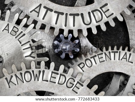 Macro photo of tooth wheel mechanism with ATTITUDE, ABILITY, KNOWLEDGE and POTENTIAL words imprinted on metal surface