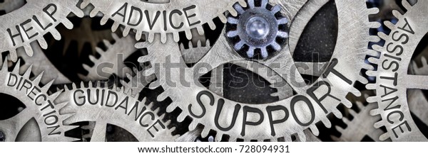 Macro photo of tooth wheel mechanism with\
SUPPORT, ADVICE, HELP, GUIDANCE, ASSISTANCE and DIRECTION words\
imprinted on metal\
surface