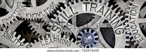 Macro photo of tooth wheel mechanism with
SKILL TRAINING, EDUCATION, LEARNING, ABILITY, KNOWLEDGE and
COMPETENCE words imprinted on metal
surface
