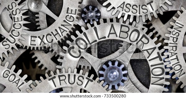Macro photo of tooth wheel mechanism with COLLABORATION, EXCHANGE, TRUST, ASSIST, GOAL, SUCCESS and INSPIRATION concept words