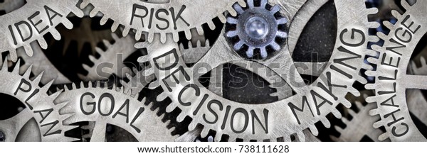 Macro photo of\
tooth wheel mechanism with DECISION MAKING, GOAL, RISK, IDEA, PLAN\
and CHALLENGE concept\
letters