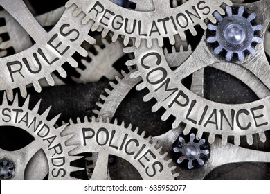 Macro photo of tooth wheels with COMPLIANCE, REGULATIONS, STANDARDS, POLICIES and RULES words imprinted on metal surface - Shutterstock ID 635952077