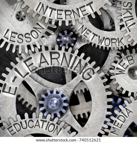 Macro photo of tooth wheels with E-LEARNING, EDUCATION, INTERNET, SKILL, LESSON, NETWORK, WEB and MEDIA words imprinted on metal surface
