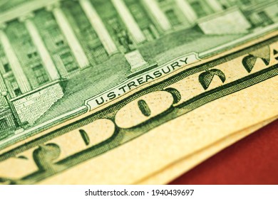 Macro Photo Of US Treasury Text On Ten US Dollar Bill