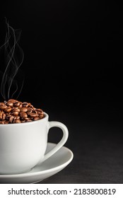 Macro Photography Of Coffee Beans, Cup, Saucer, Steam