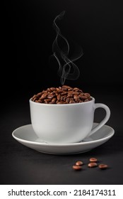 Macro Photography Of Coffee Beans, Cup, Saucer, Steam