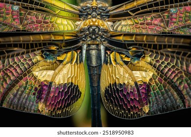 Macro photography of a dragonfly showing the detail and pattern on its iridescent wings. - Powered by Shutterstock