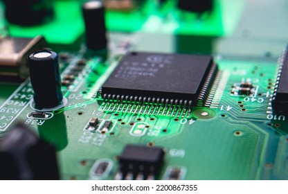 Macro Photography Of Integrated Modern Circuit On Printed Circuit Board.