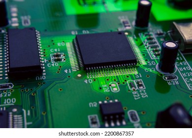 Macro Photography Of Integrated Modern Circuit On Printed Circuit Board.