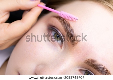 macro photography of the model's hairs the master combs the eyebrow hairs with a pink brush after the procedure long-term styling and lamination ストックフォト © 