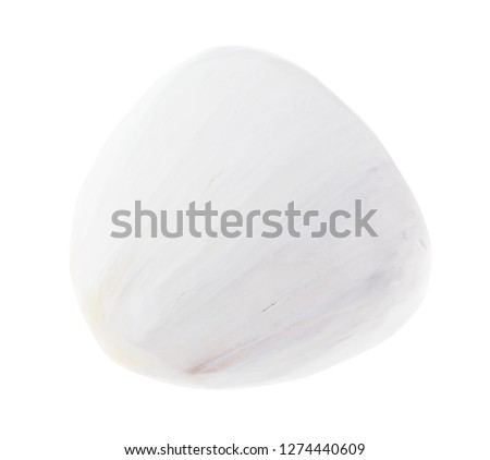 macro photography of natural mineral from geological collection - tumbled Scolecite stone on white background