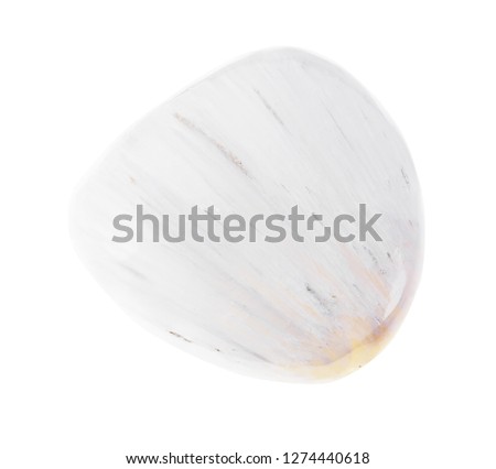 macro photography of natural mineral from geological collection - polished Scolecite stone on white background