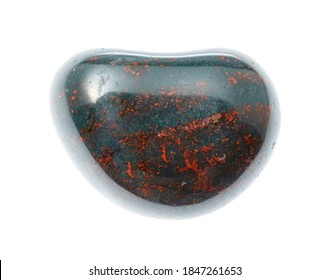 macro photography of sample of natural mineral from geological collection - tumbled Heliotrope (Bloodstone) gemstone isolated on white background