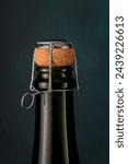 Macro photography of sparkling wine; bottle, cork; champagne; bubble; design; winery; drink; background; celebration; romance; bar, restaurant, conceptual