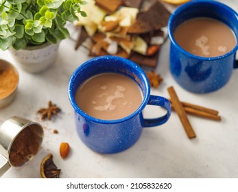 Macro Photography. Two Cups Of Coffee, Pieces Of Chocolate And Beautiful Decor. Valentine's Day, Family Breakfast, Romantic Date, Happiness Hormones. There Are No People In The Photo.