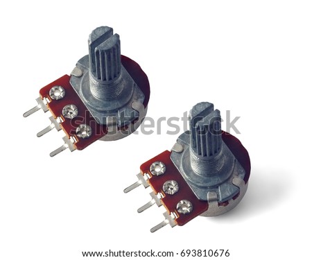 Macro picture of a B10K type adjustable rotary potentiometer isolated on a white background with shadow and without.
