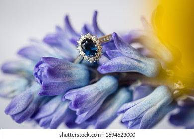 Macro picture of white gold engagement ring with big oval sapphire with diamonds placed on blue and violet blooming hyacinth  - Shutterstock ID 1694623000