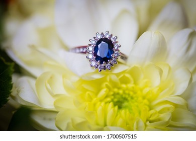 Macro picture of white gold vintage engagement ring with big blue oval sapphire and small diamonds around placed on lemon color сhrysanthemum flower - Shutterstock ID 1700507515