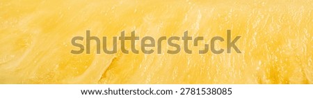 Macro pineapple flesh texture in panoramic format. Tropical fruit background for food branding, packaging and summer advertising design.