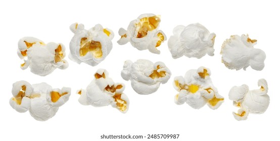 Macro popcorn flying, isolated on white background, with clipping path		