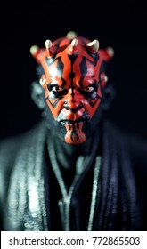 Macro Portrait Of Star Wars Phantom Menace Sith Lord Darth Maul Using Hasbro Black Series Action Figure. Darth Maul Was Played By Actor Ray Park