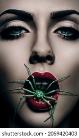 Macro Portrait Of Woman With Creepy Green Spider In Mouth. Spider With Skull Pictured On It's Body