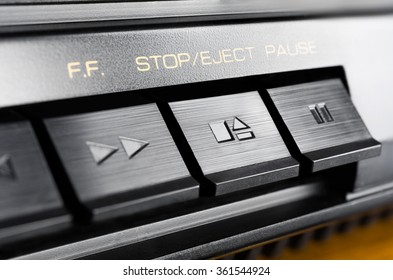 Macro Of A Rectangular Stop / Eject Button Of An Old Hifi Stereo Audio System