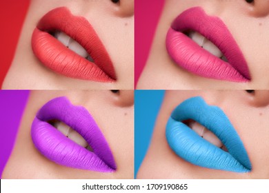 Сlose-up macro red matte lips. Purple lips. Blue lips. Pink lips. Clean skin.