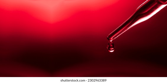 Macro science experiment pipette surface, top macro view of chemical droplet injecting oil into clear liquid in one of three petri dishes on red background. Abstract skincare cosmetics concept. 