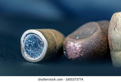 Macro set of old used  bullets on black background