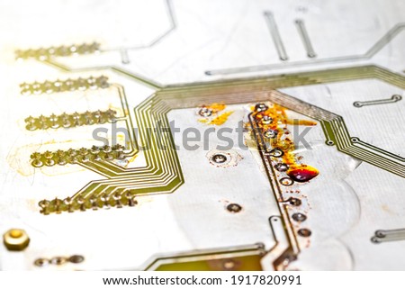 Macro Shoot of Empty Used Printed Circuit Board with Flux Residues and Metallization Circuitry for SMD Components. Horizontal Composiiton