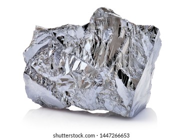 Macro shoot of piece of nickel metal ore isolated on a white background. Closeup photo of amazing shiny mineral rough