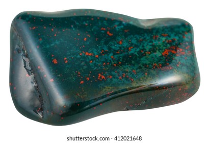 macro shooting of natural mineral stone - polished heliotrope (bloodstone, green jasper or chalcedony with red inclusions of hematite) gemstone isolated on white background