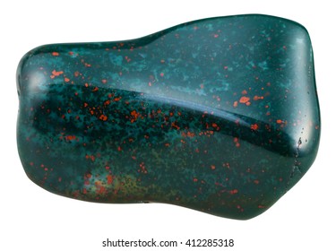 macro shooting of natural mineral stone - polished pebble of heliotrope (bloodstone, green jasper or chalcedony with red inclusions of hematite) gemstone isolated on white background