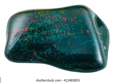 macro shooting of natural mineral stone - tumbled heliotrope (bloodstone, green jasper or chalcedony with red inclusions of hematite) gemstone isolated on white background