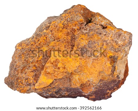 macro shooting of natural rock specimen - pebble of limonite (iron ore, bog iron ore, brown hematite, brown iron ore, lemon rock, yellow iron ore) mineral stone isolated on white background