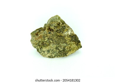 Macro Shooting Of A Piece Metallic Mineral Specimen Of Raw Malachite (copper Ore) Rock Isolated On White Background.  There Is Noise And Grain Caused By The Texture Of The Stone.