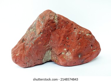 Macro Shooting Of Raw Specimen Red Jasper Rock Isolated On White Background.