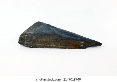 Macro Shooting Specimen Black Slate Rock Isolated On White Background.