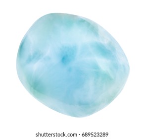 macro shooting of specimen of natural mineral rock - tumbled Larimar gem (blue pectolite) isolated on white background from Dominican Republic - Shutterstock ID 689523289